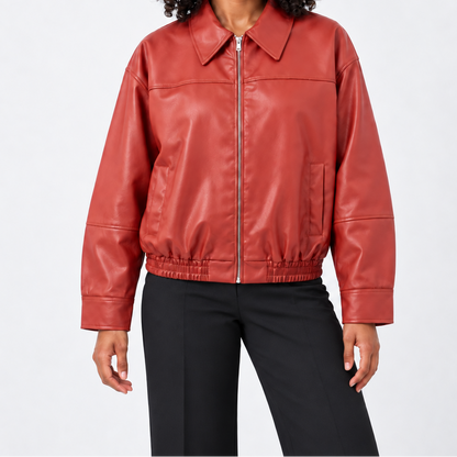 Women's Leather-Look Bomber Jacket with Zipper and Pointed Collar – Relaxed Fit and Elastic Hem for Spring and Summer Evenings