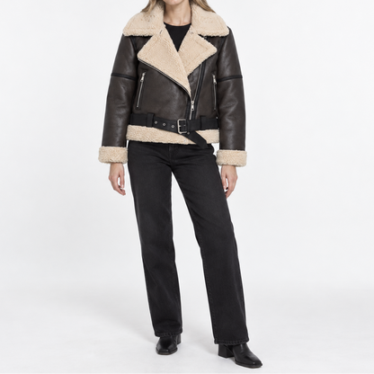 Women's faux leather biker jacket with shearling lining, belt, and asymmetrical zipper - Stylish jacket for fall, winter, and casual evening outfits