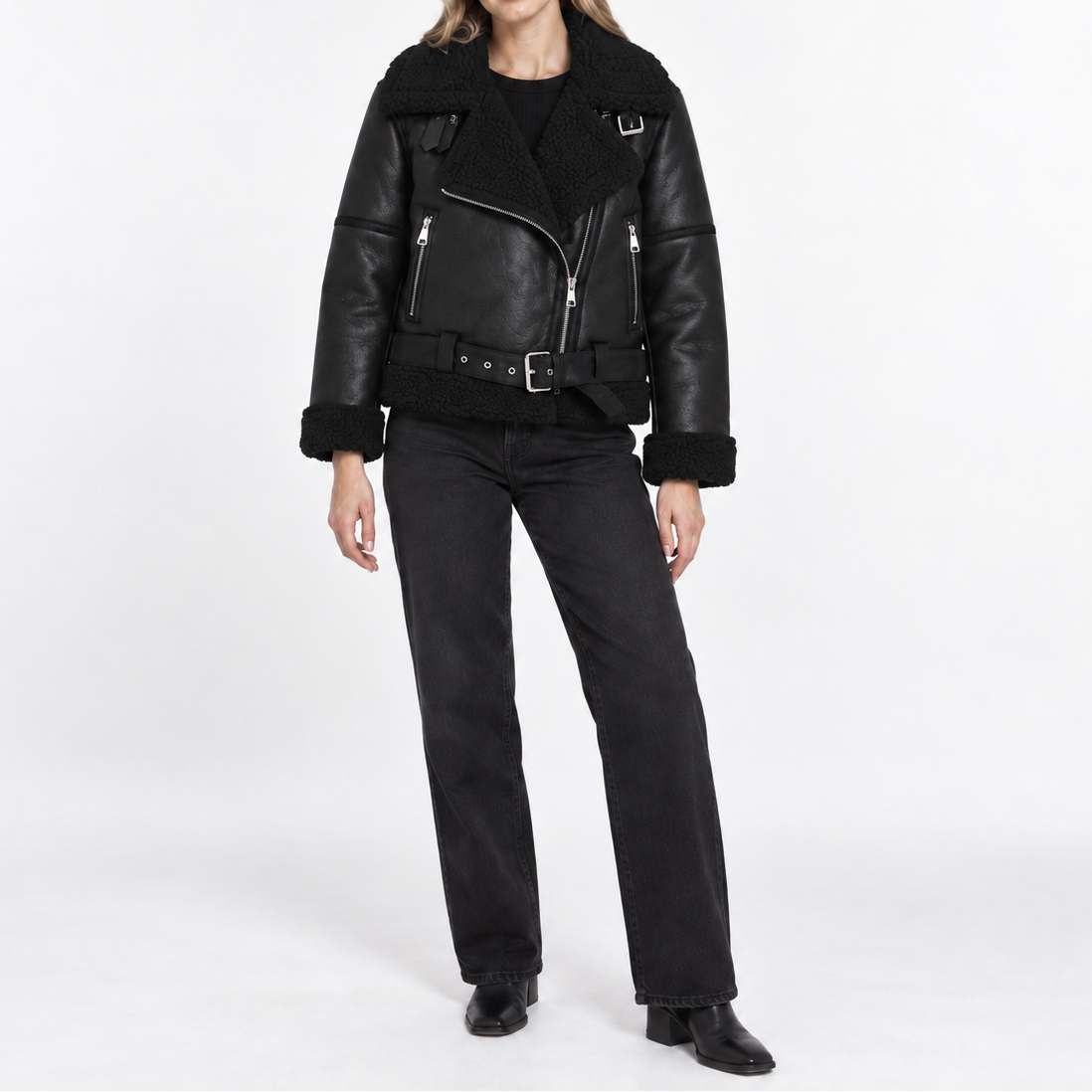 Women's faux leather biker jacket with shearling lining, belt, and asymmetrical zipper - Stylish jacket for fall, winter, and casual evening outfits
