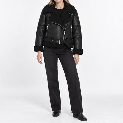 Women's faux leather biker jacket with shearling lining, belt, and asymmetrical zipper - Stylish jacket for fall, winter, and casual evening outfits