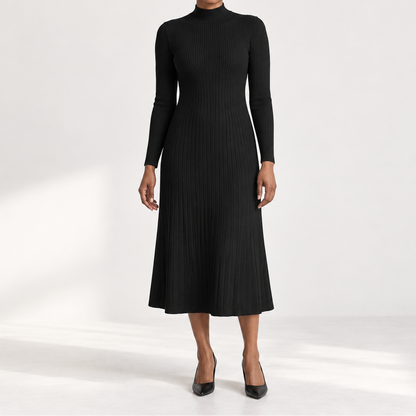 Women's ribbed knit midi dress with low turtleneck and long sleeves - Fitted dress with flared skirt for fall, winter, and elegant occasions