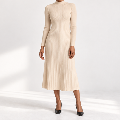 Women's ribbed knit midi dress with low turtleneck and long sleeves - Fitted dress with flared skirt for fall, winter, and elegant occasions