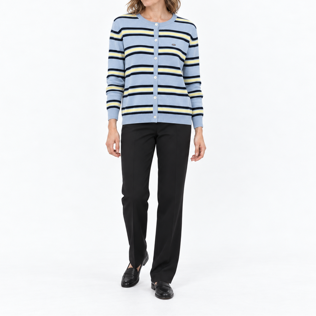 Women's Striped Knitted Cardigan with Round Neck and Button Closure – Versatile Knitwear for Stylish Everyday Wear and Smart-Casual Style