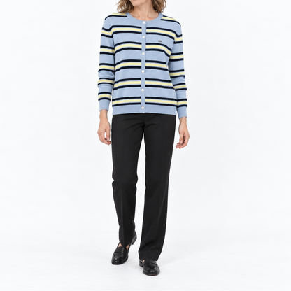 Women's Striped Knitted Cardigan with Round Neck and Button Closure – Versatile Knitwear for Stylish Everyday Wear and Smart-Casual Style