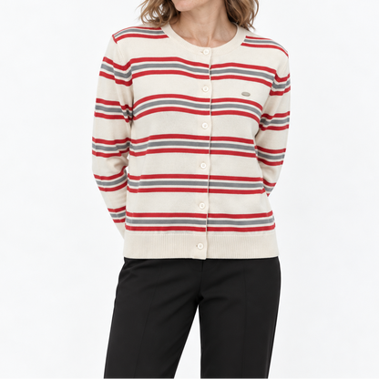 Women's Striped Knitted Cardigan with Round Neck and Button Closure – Versatile Knitwear for Stylish Everyday Wear and Smart-Casual Style