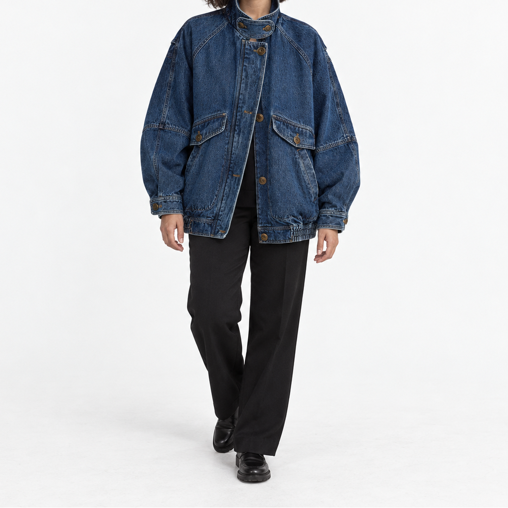 Women's Oversized Denim-Look Bomber Jacket with Strap-Detail Collar – Washed Finish and Flap Pockets for a Relaxed Layered Look in Spring