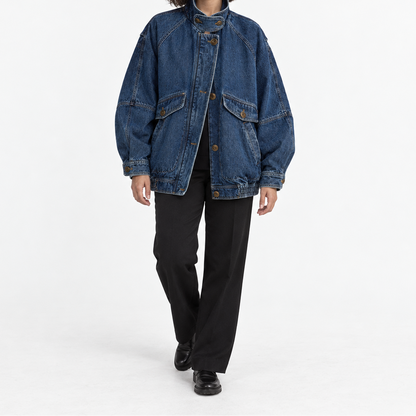 Women's Oversized Denim-Look Bomber Jacket with Strap-Detail Collar – Washed Finish and Flap Pockets for a Relaxed Layered Look in Spring