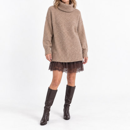 Women's two-piece knit set with oversized turtleneck sweater with lace details and mini dress - Casual yet elegant outfit for fall and winter