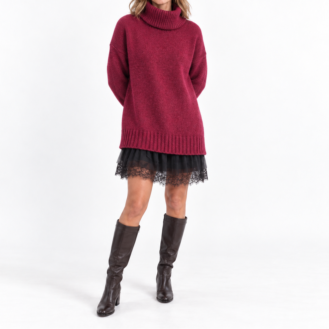 Women's two-piece knit set with oversized turtleneck sweater with lace details and mini dress - Casual yet elegant outfit for fall and winter