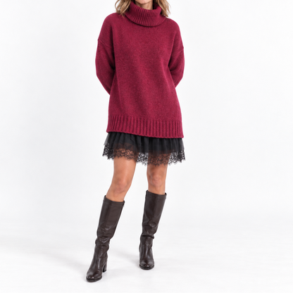 Women's two-piece knit set with oversized turtleneck sweater with lace details and mini dress - Casual yet elegant outfit for fall and winter