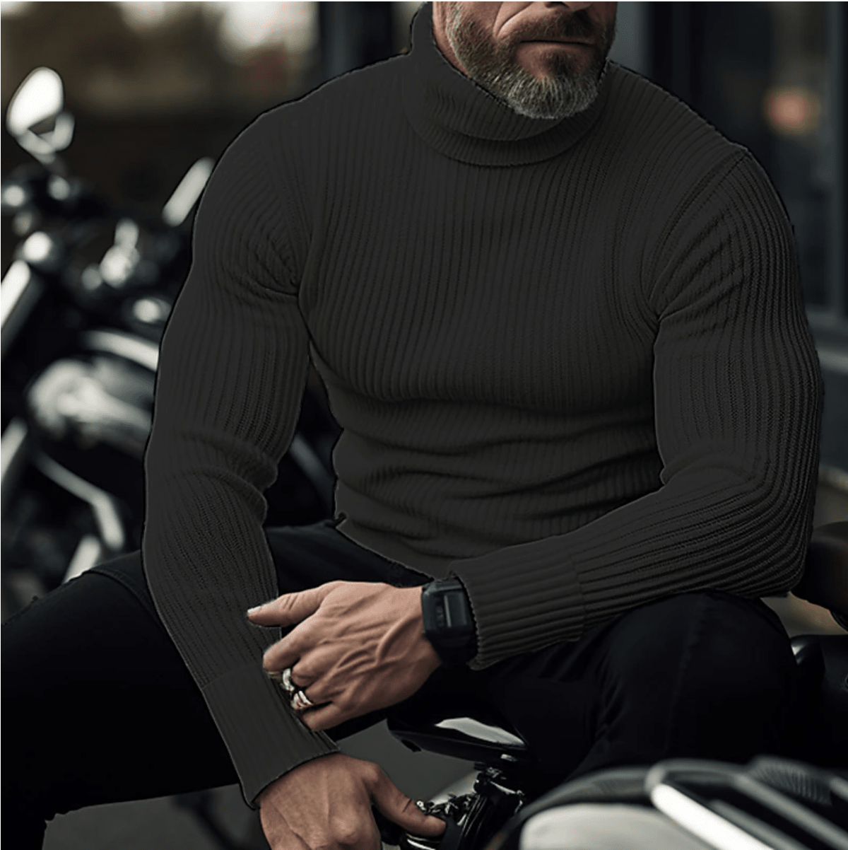 Men's slim-fit rib-knit turtleneck sweater with long sleeves – warm and elegant pullover for smart-casual style, fall, winter, and everyday wear