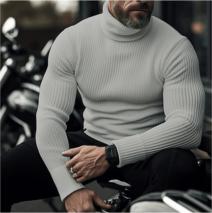 Men's slim-fit rib-knit turtleneck sweater with long sleeves – warm and elegant pullover for smart-casual style, fall, winter, and everyday wear