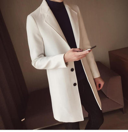 Pánský dlouhý vlněný kabát se slim střihem a klasickým designem – elegantní svrchní oděv do kanceláře, na obchodní schůzky, formální příležitosti a v elegantně ležérním stylu