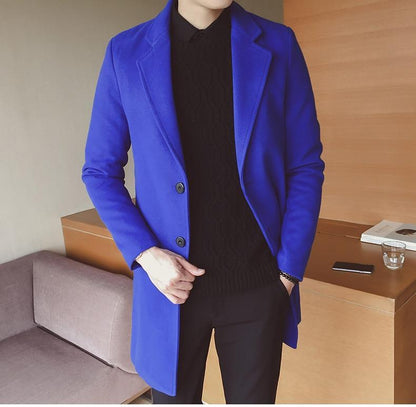 Pánský dlouhý vlněný kabát se slim střihem a klasickým designem – elegantní svrchní oděv do kanceláře, na obchodní schůzky, formální příležitosti a v elegantně ležérním stylu