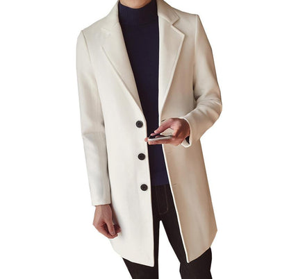 Pánský dlouhý vlněný kabát se slim střihem a klasickým designem – elegantní svrchní oděv do kanceláře, na obchodní schůzky, formální příležitosti a v elegantně ležérním stylu