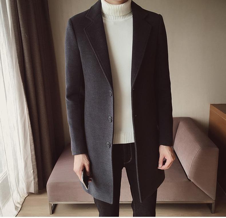 Pánský dlouhý vlněný kabát se slim střihem a klasickým designem – elegantní svrchní oděv do kanceláře, na obchodní schůzky, formální příležitosti a v elegantně ležérním stylu