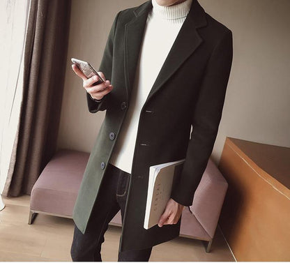 Pánský dlouhý vlněný kabát se slim střihem a klasickým designem – elegantní svrchní oděv do kanceláře, na obchodní schůzky, formální příležitosti a v elegantně ležérním stylu