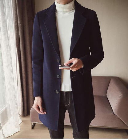 Pánský dlouhý vlněný kabát se slim střihem a klasickým designem – elegantní svrchní oděv do kanceláře, na obchodní schůzky, formální příležitosti a v elegantně ležérním stylu