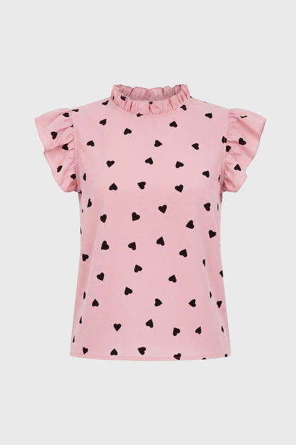 Dame Top Med Hjerteprint, Flæseærmer Og Høj Hals