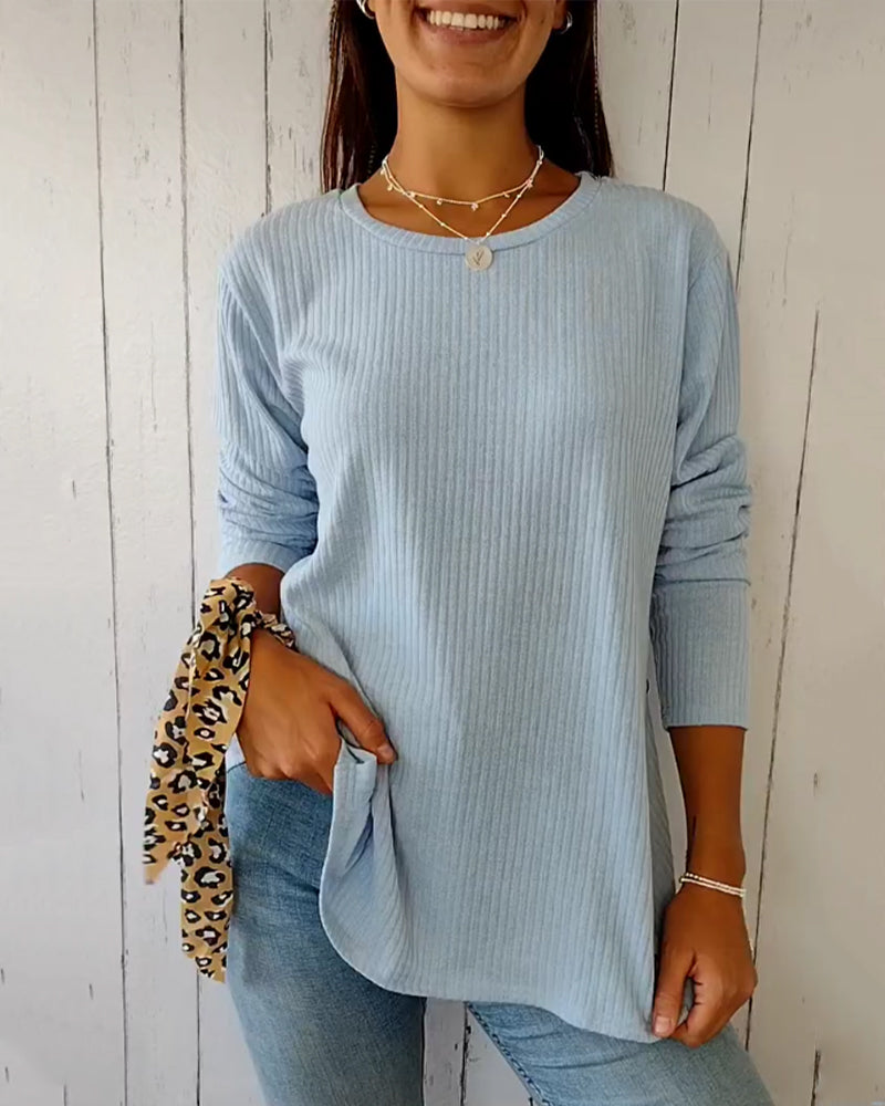 Top de punto de manga larga para mujer con cuello redondo, confeccionado en una mezcla de algodón - Prenda básica cómoda para el día a día, combinar en capas, el tiempo libre y un estilo casual elegante