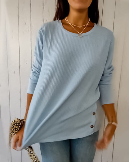 Top de punto de manga larga para mujer con cuello redondo, confeccionado en una mezcla de algodón - Prenda básica cómoda para el día a día, combinar en capas, el tiempo libre y un estilo casual elegante