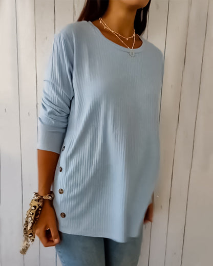 Top de punto de manga larga para mujer con cuello redondo, confeccionado en una mezcla de algodón - Prenda básica cómoda para el día a día, combinar en capas, el tiempo libre y un estilo casual elegante