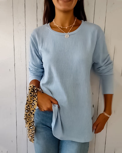Top de punto de manga larga para mujer con cuello redondo, confeccionado en una mezcla de algodón - Prenda básica cómoda para el día a día, combinar en capas, el tiempo libre y un estilo casual elegante