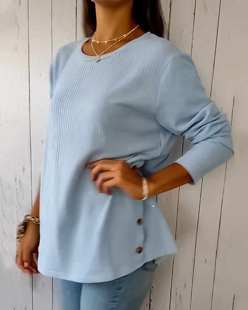 Top de punto de manga larga para mujer con cuello redondo, confeccionado en una mezcla de algodón - Prenda básica cómoda para el día a día, combinar en capas, el tiempo libre y un estilo casual elegante