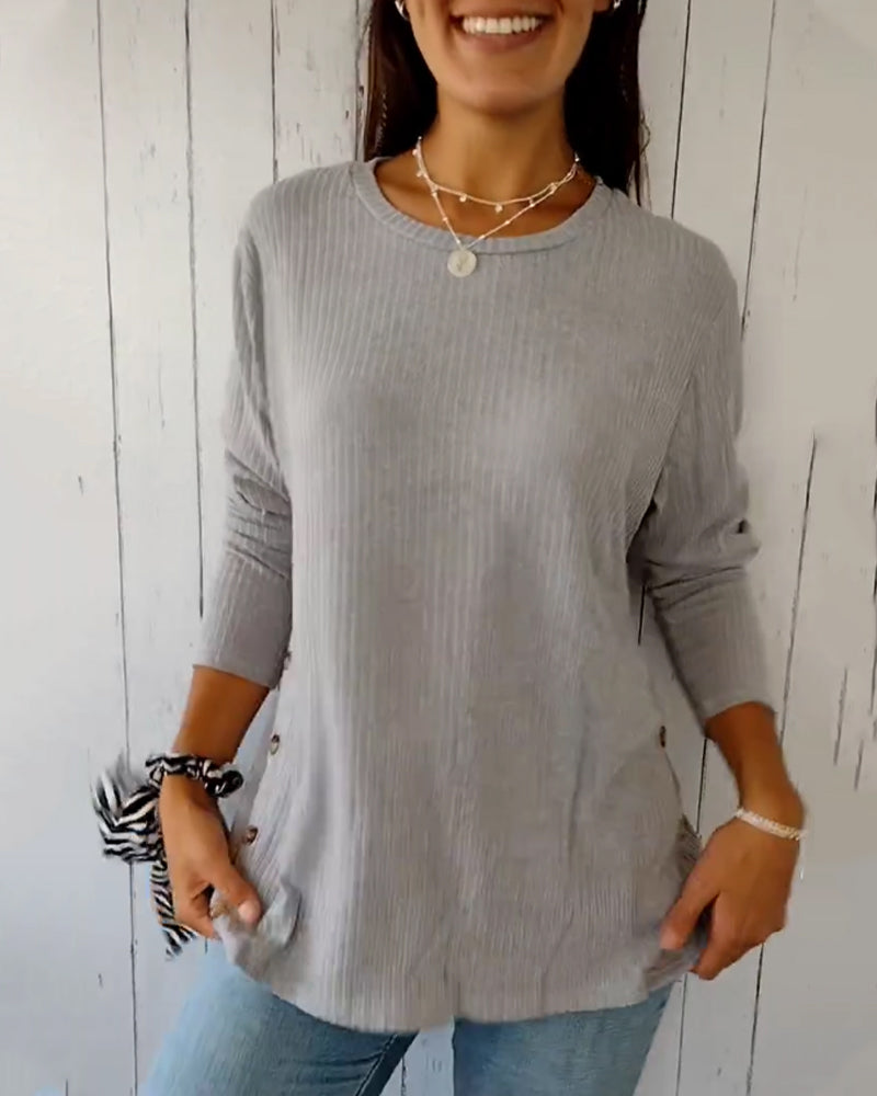 Top de punto de manga larga para mujer con cuello redondo, confeccionado en una mezcla de algodón - Prenda básica cómoda para el día a día, combinar en capas, el tiempo libre y un estilo casual elegante