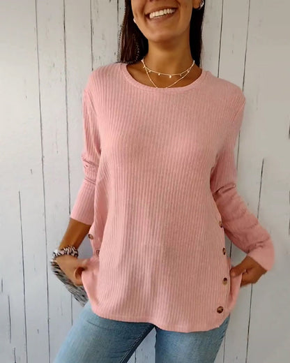 Top de punto de manga larga para mujer con cuello redondo, confeccionado en una mezcla de algodón - Prenda básica cómoda para el día a día, combinar en capas, el tiempo libre y un estilo casual elegante