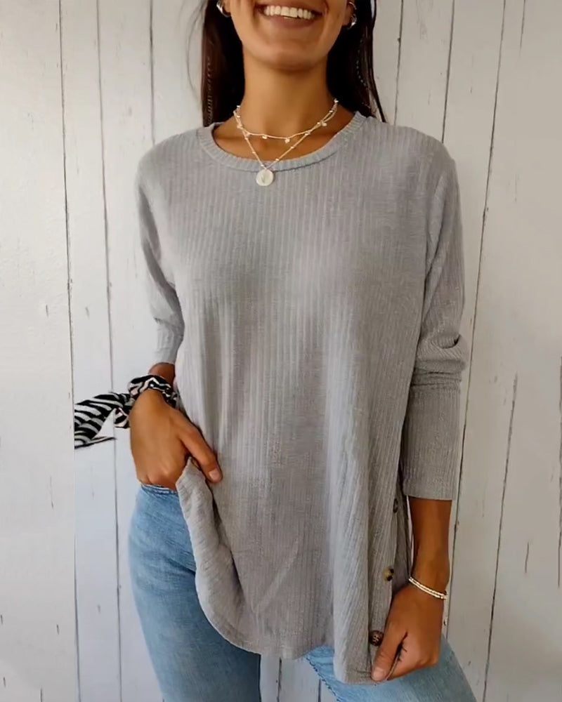 Top de punto de manga larga para mujer con cuello redondo, confeccionado en una mezcla de algodón - Prenda básica cómoda para el día a día, combinar en capas, el tiempo libre y un estilo casual elegante