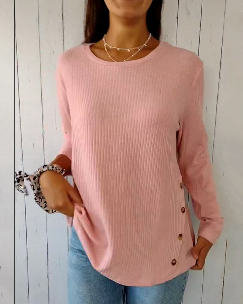 Top de punto de manga larga para mujer con cuello redondo, confeccionado en una mezcla de algodón - Prenda básica cómoda para el día a día, combinar en capas, el tiempo libre y un estilo casual elegante