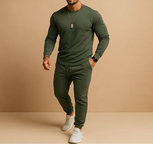 Męski dwuczęściowy komplet z bluzą z okrągłym dekoltem i joggerami – dopasowany zestaw treningowy na podróże, do streetwearowych stylizacji i na co dzień