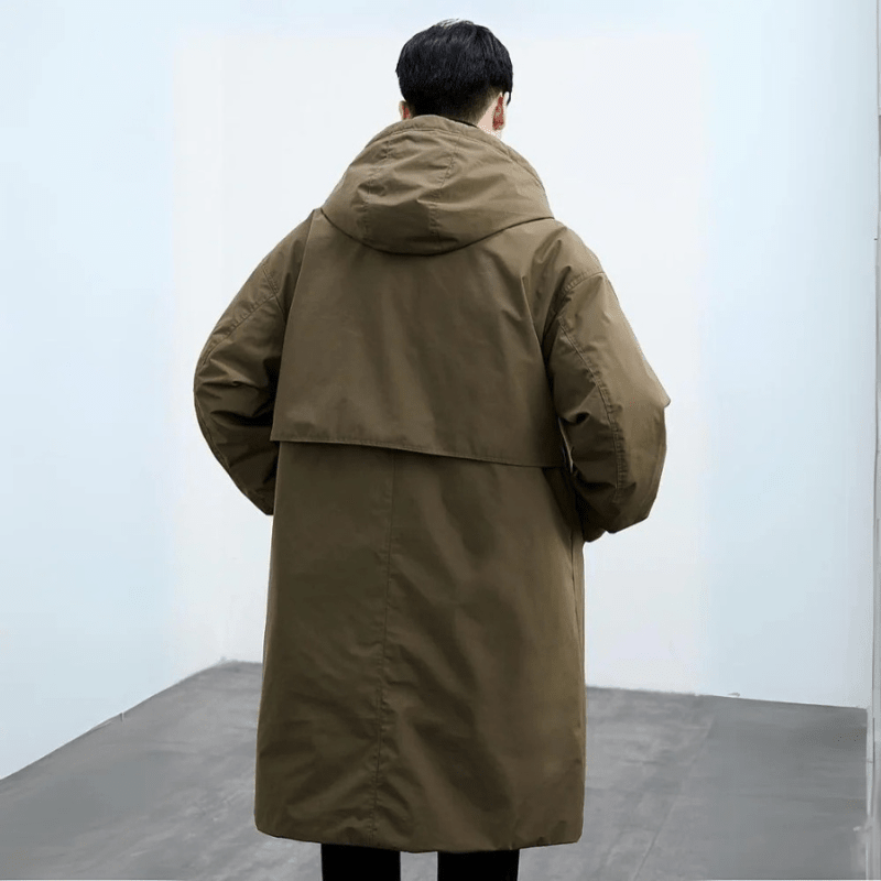Gabardina larga para hombre con capucha, cierre doble y corte recto - prenda de abrigo práctica con bolsillos para otoño, invierno, viajes y el día a día