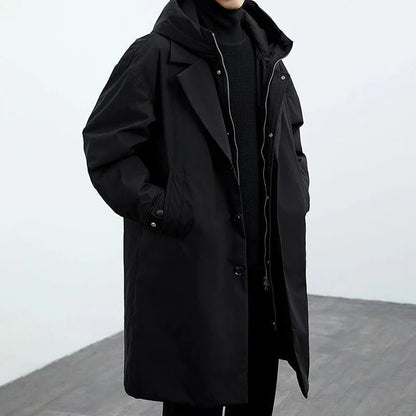 Gabardina larga para hombre con capucha, cierre doble y corte recto - prenda de abrigo práctica con bolsillos para otoño, invierno, viajes y el día a día
