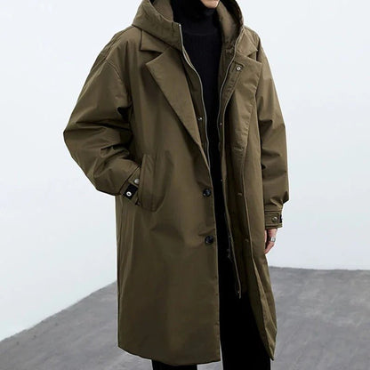 Gabardina larga para hombre con capucha, cierre doble y corte recto - prenda de abrigo práctica con bolsillos para otoño, invierno, viajes y el día a día