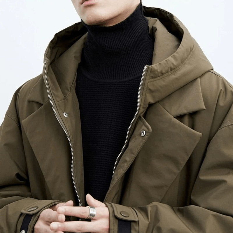 Gabardina larga para hombre con capucha, cierre doble y corte recto - prenda de abrigo práctica con bolsillos para otoño, invierno, viajes y el día a día