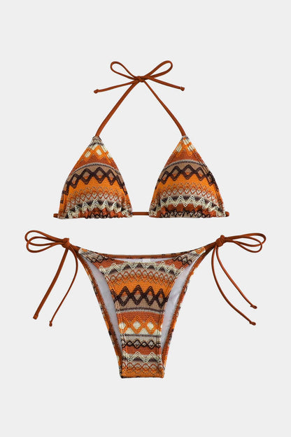 Set de bikini pentru femei, cu imprimeu și top triunghiular – costum de baie din 2 piese, cu laterale ajustabile cu șnur, pentru plajă, piscină, vacanță și zile de vară