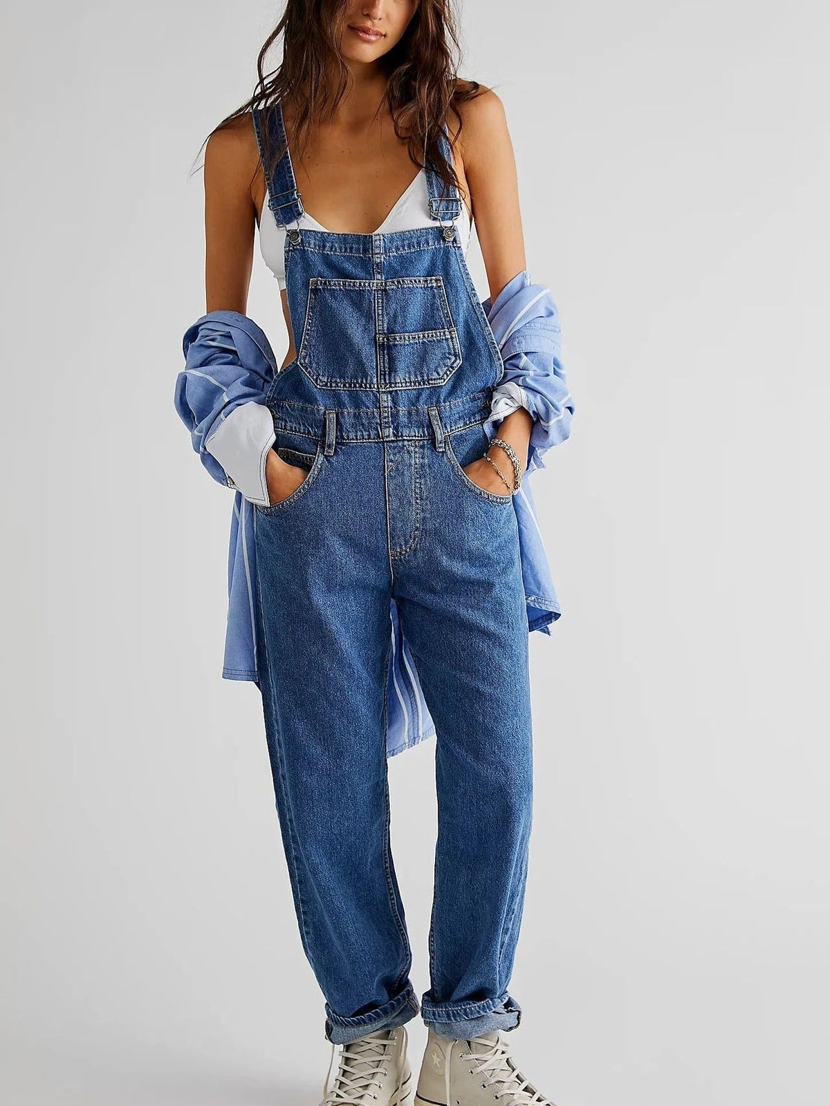 Salopetă de damă din denim, cu croială lejeră și detalii cu buzunare – Jumpsuit casual pentru purtare zilnică, vacanțe și timp liber