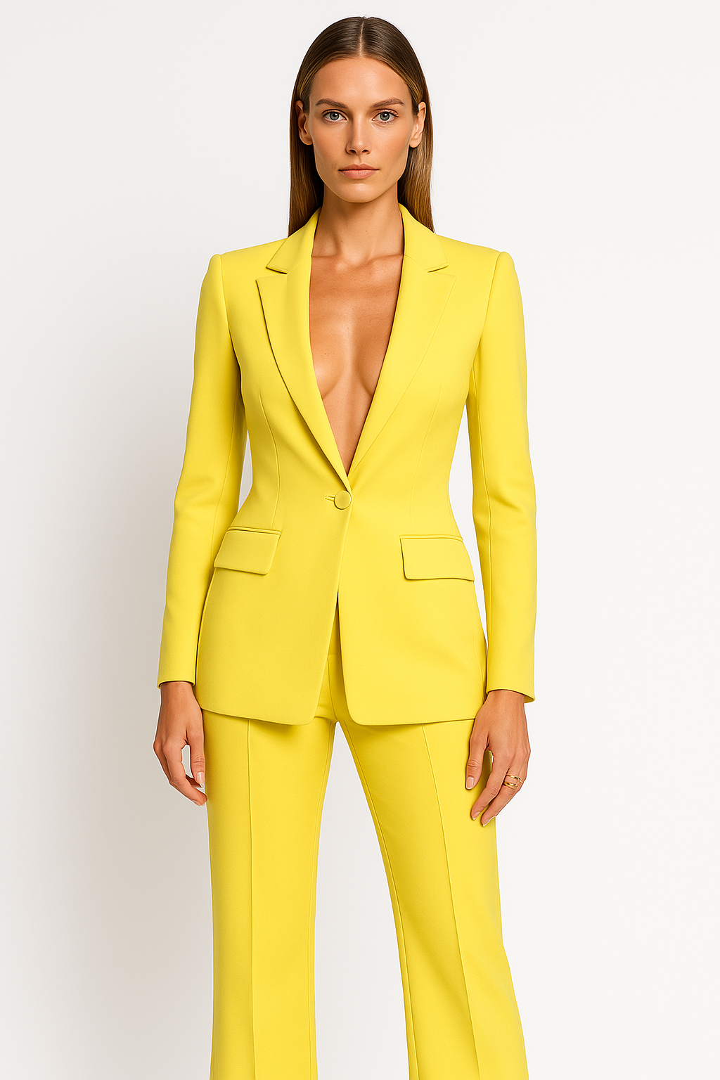 Dame 2-delt Jakkesæt Med Dyb V-udskæring Og Brede Bukser – Elegant Blazer Og Bukser Til Fest, Business, Kontor Og Formelle Anledninger