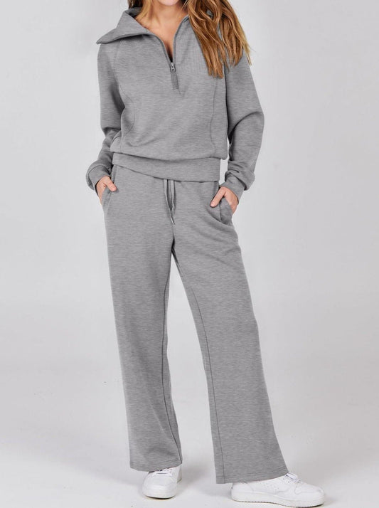 Trening damă din două piese, cu hanorac cu fermoar scurt și pantaloni de trening largi cu șnur în talie – Set confortabil pentru timp liber, purtare zilnică, relaxare și styling casual