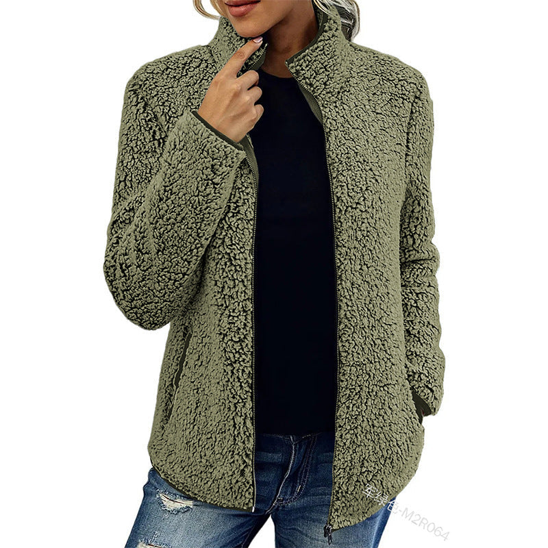 Women's Sherpa Fleece Jacket With Zipper – Soft Teddy Jacket With High Collar And Side Pockets For Warm Layered Outfits And Everyday Wear