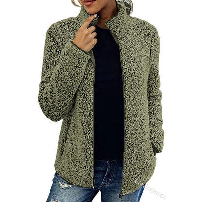 Women's Sherpa Fleece Jacket With Zipper – Soft Teddy Jacket With High Collar And Side Pockets For Warm Layered Outfits And Everyday Wear