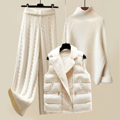 Women's Layered Winter Knit Set With Turtleneck Sweater, Cable-Knit Pants And Padded Vest – Warm Set For Cold Days, Everyday Wear And Leisure