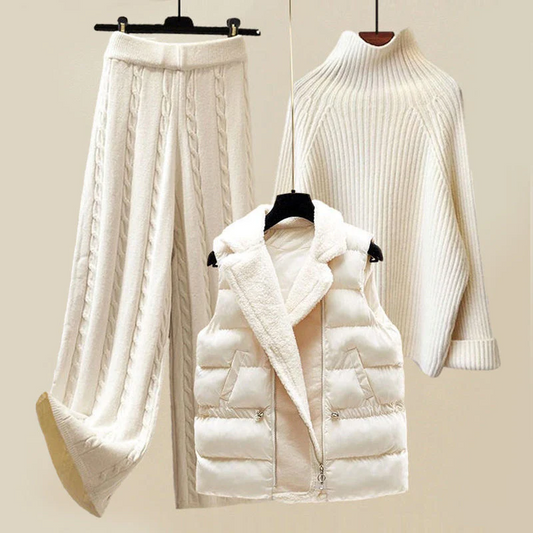 Women's Layered Winter Knit Set With Turtleneck Sweater, Cable-Knit Pants And Padded Vest – Warm Set For Cold Days, Everyday Wear And Leisure