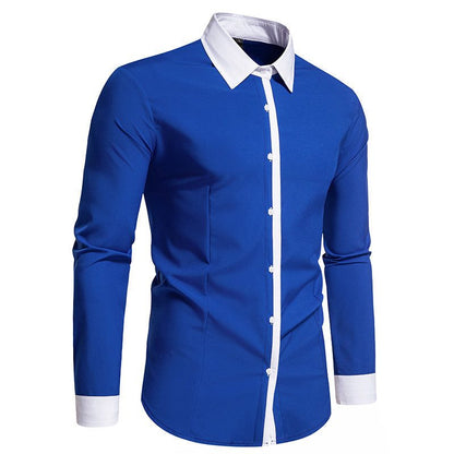 Męska koszula slim fit z kontrastowym kołnierzykiem, zapięciem na guziki i mankietami - elegancka koszula z długimi rękawami do pracy, na formalne okazje i uroczyste wydarzenia