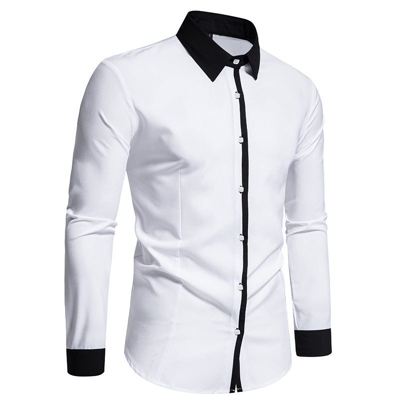 Męska koszula slim fit z kontrastowym kołnierzykiem, zapięciem na guziki i mankietami - elegancka koszula z długimi rękawami do pracy, na formalne okazje i uroczyste wydarzenia