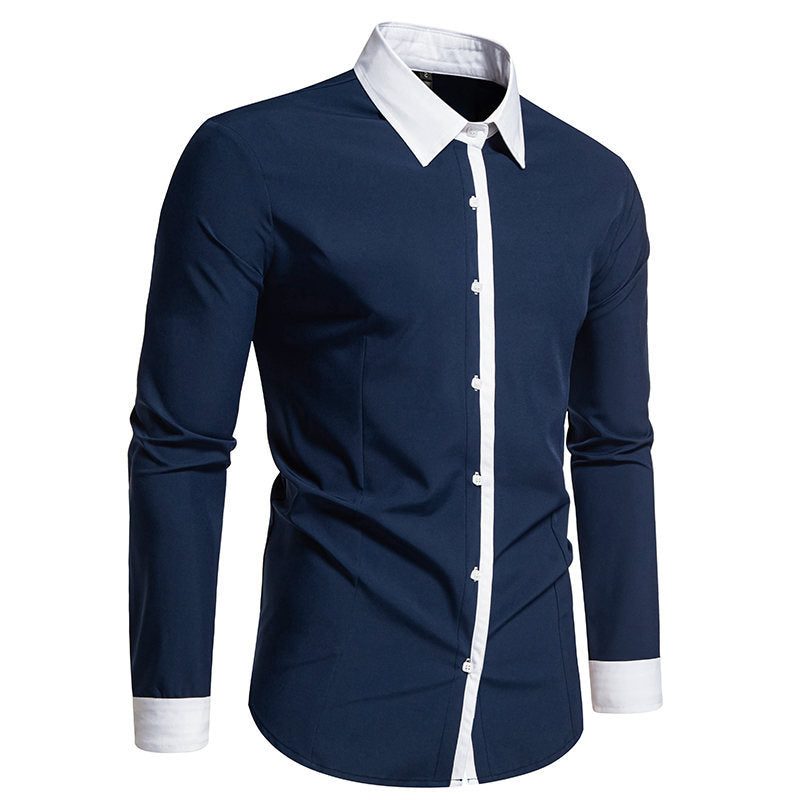 Męska koszula slim fit z kontrastowym kołnierzykiem, zapięciem na guziki i mankietami - elegancka koszula z długimi rękawami do pracy, na formalne okazje i uroczyste wydarzenia