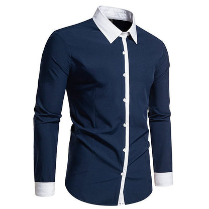 Męska koszula slim fit z kontrastowym kołnierzykiem, zapięciem na guziki i mankietami - elegancka koszula z długimi rękawami do pracy, na formalne okazje i uroczyste wydarzenia