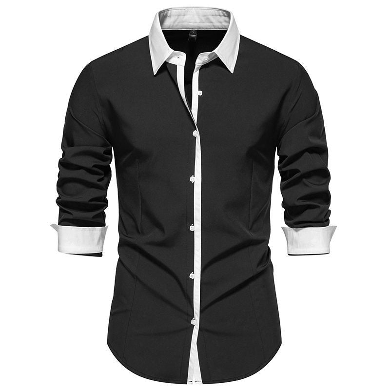 Męska koszula slim fit z kontrastowym kołnierzykiem, zapięciem na guziki i mankietami - elegancka koszula z długimi rękawami do pracy, na formalne okazje i uroczyste wydarzenia